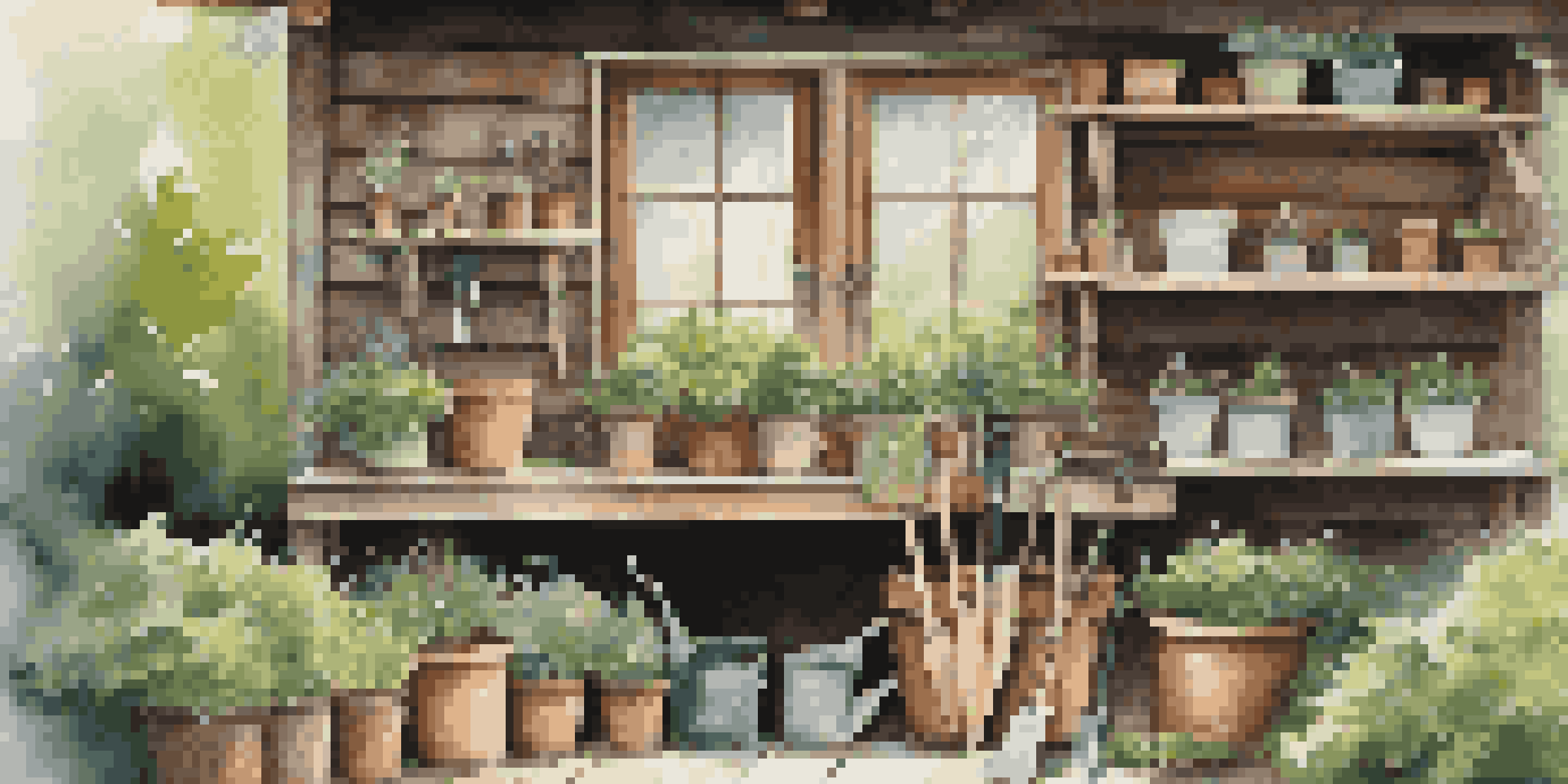 An outdoor shed surrounded by greenery with gardening tools organized on pegboards and flower pots on the windowsill.
