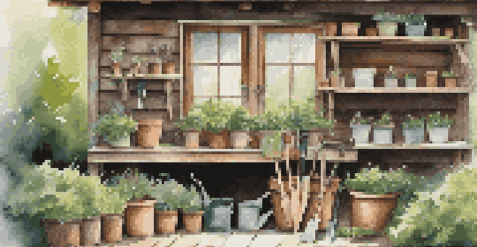 An outdoor shed surrounded by greenery with gardening tools organized on pegboards and flower pots on the windowsill.