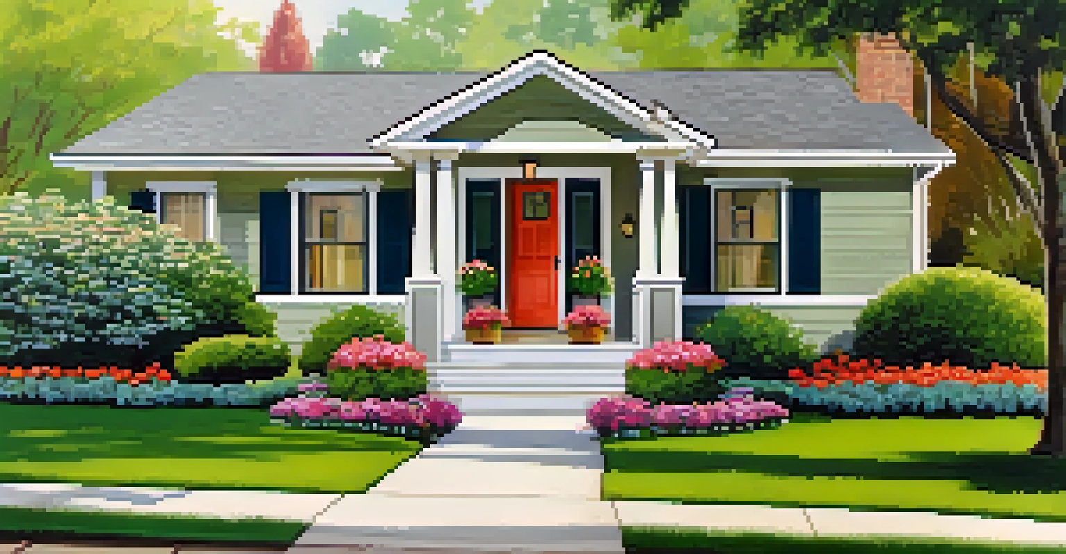 A charming home exterior with a manicured lawn, colorful flowers, and a brightly painted front door, giving a welcoming vibe.