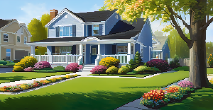A peaceful suburban neighborhood featuring a family home with a 'For Sale' sign and vibrant gardens under a clear blue sky.