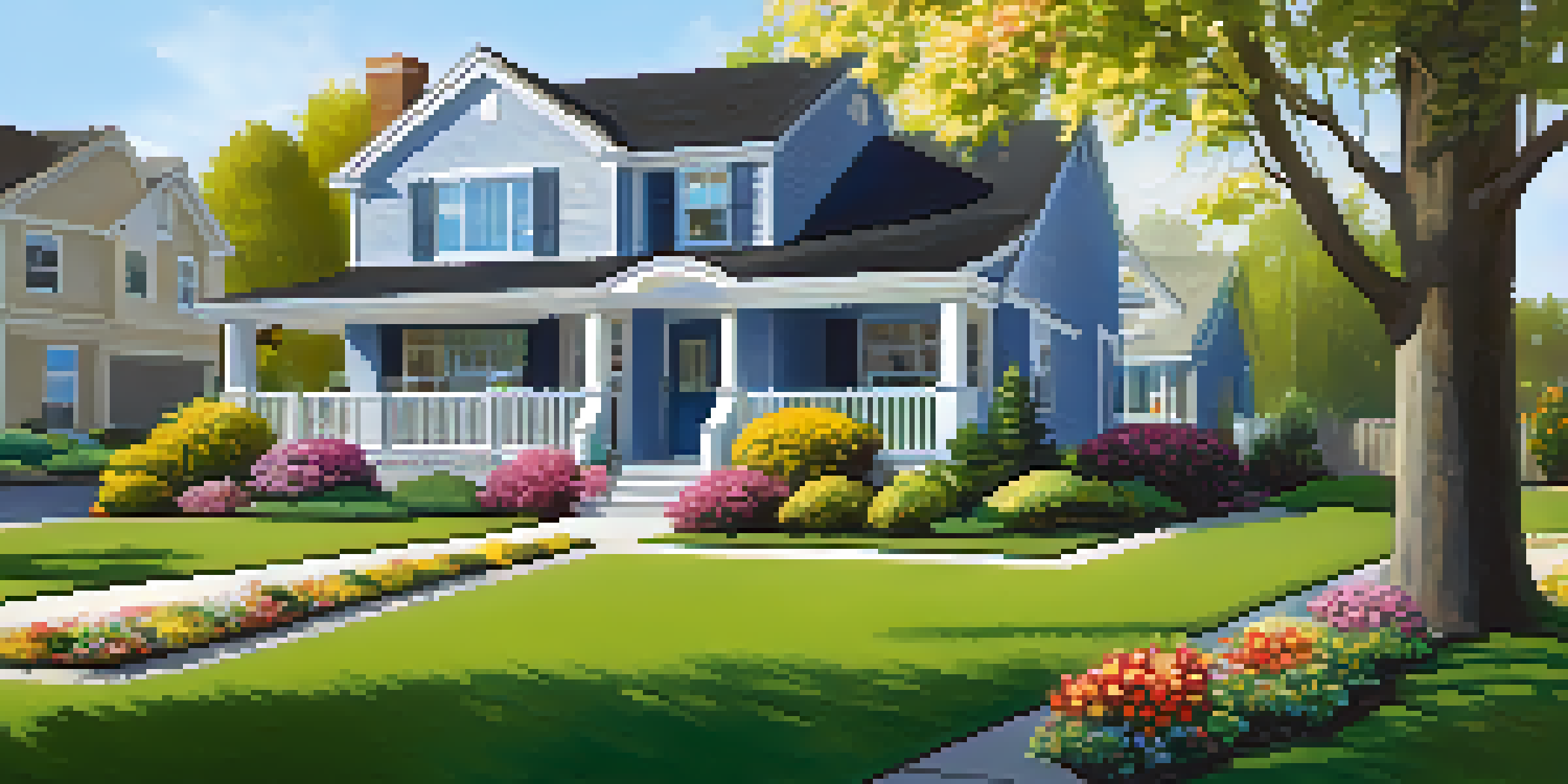 A peaceful suburban neighborhood featuring a family home with a 'For Sale' sign and vibrant gardens under a clear blue sky.