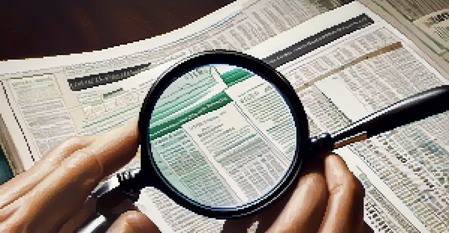 A close-up of a hand using a magnifying glass on a stock market report, with financial papers in the background.