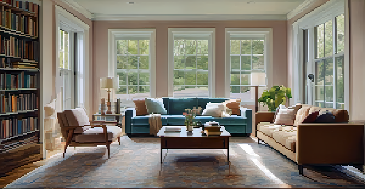 A cozy living room with plush sofas, a wooden coffee table, and soft pastel walls.