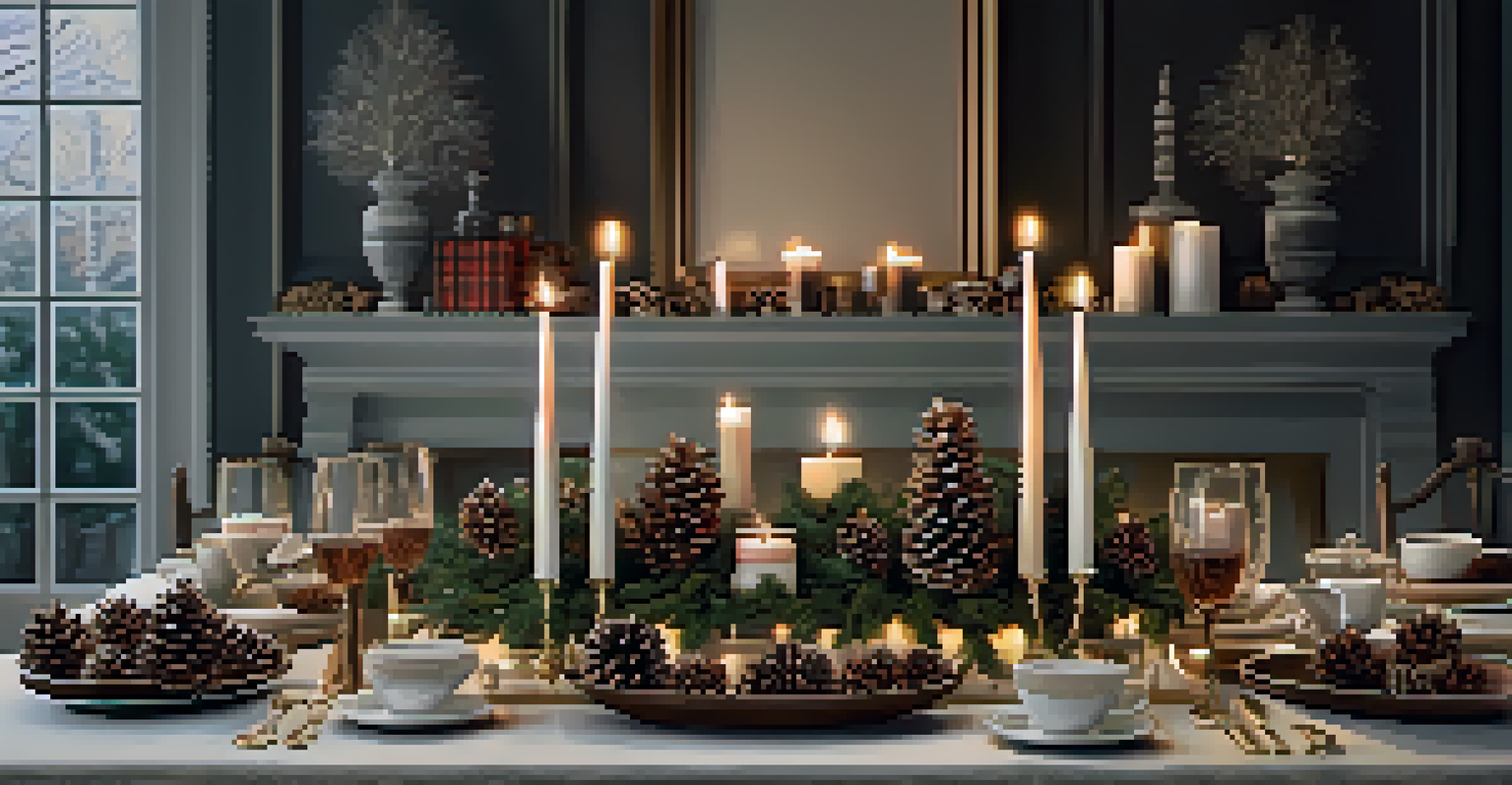 A winter gathering with a decorated mantel, hot chocolate bar, and warm lighting creating a cozy atmosphere.