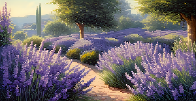 A garden with lavender plants used as natural edging, blooming in soft purple hues.