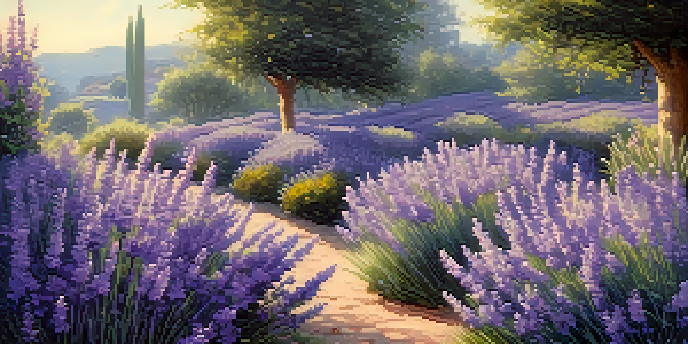A garden with lavender plants used as natural edging, blooming in soft purple hues.