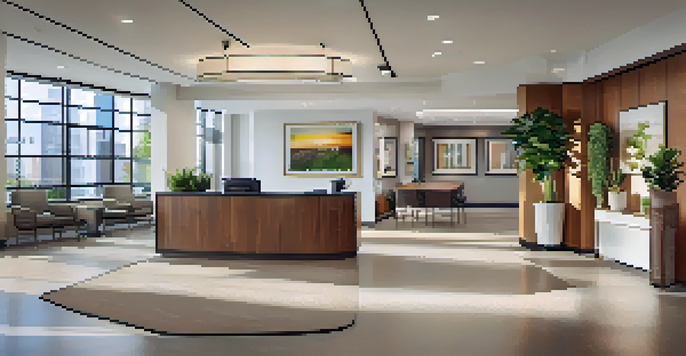 A modern property management office with a wooden reception desk, stylish furniture, and large windows letting in natural light.