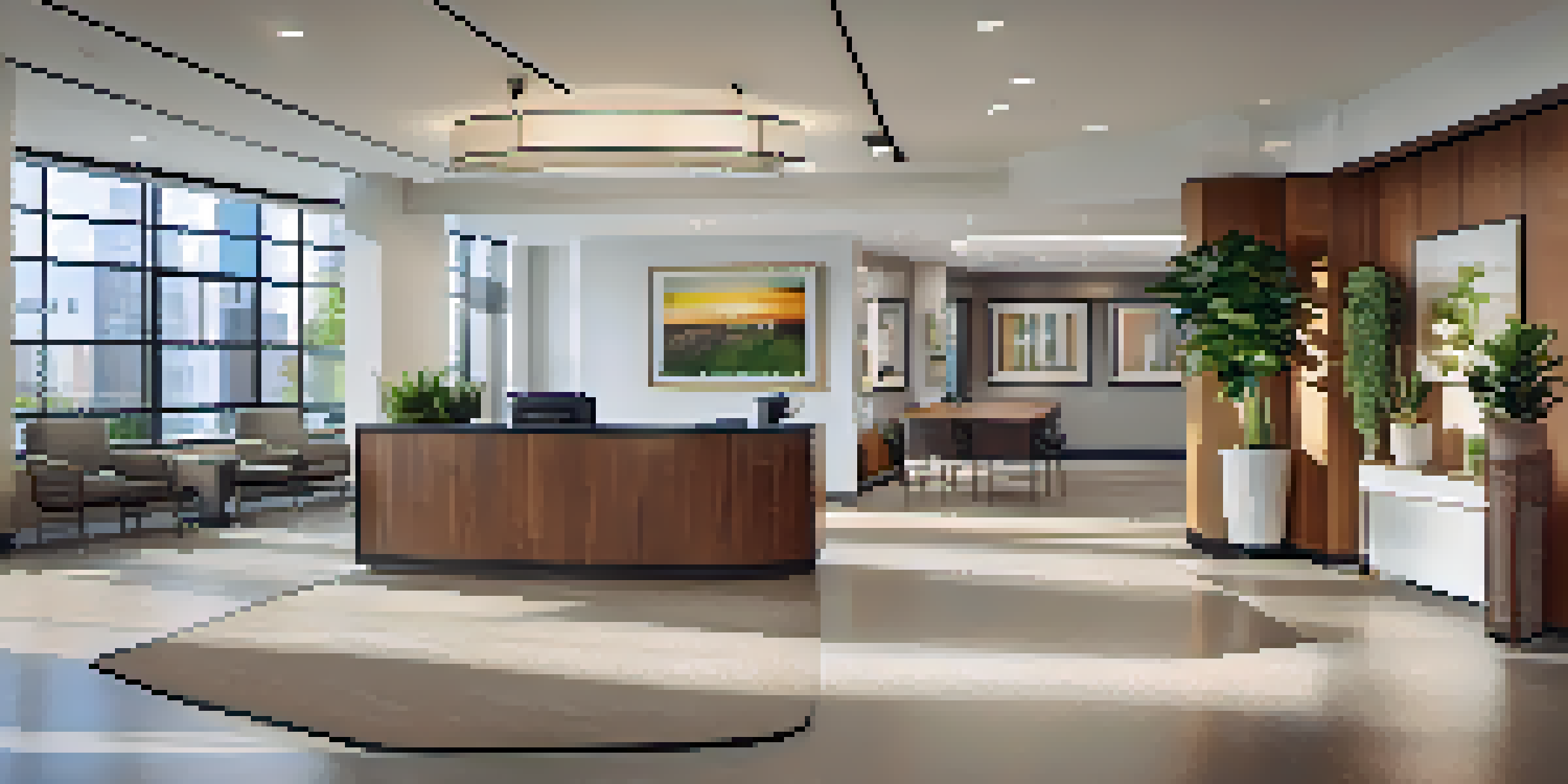 A modern property management office with a wooden reception desk, stylish furniture, and large windows letting in natural light.