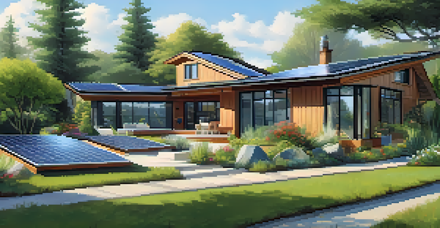 An eco-friendly home with solar panels and a wind turbine, surrounded by a landscaped garden of native plants.