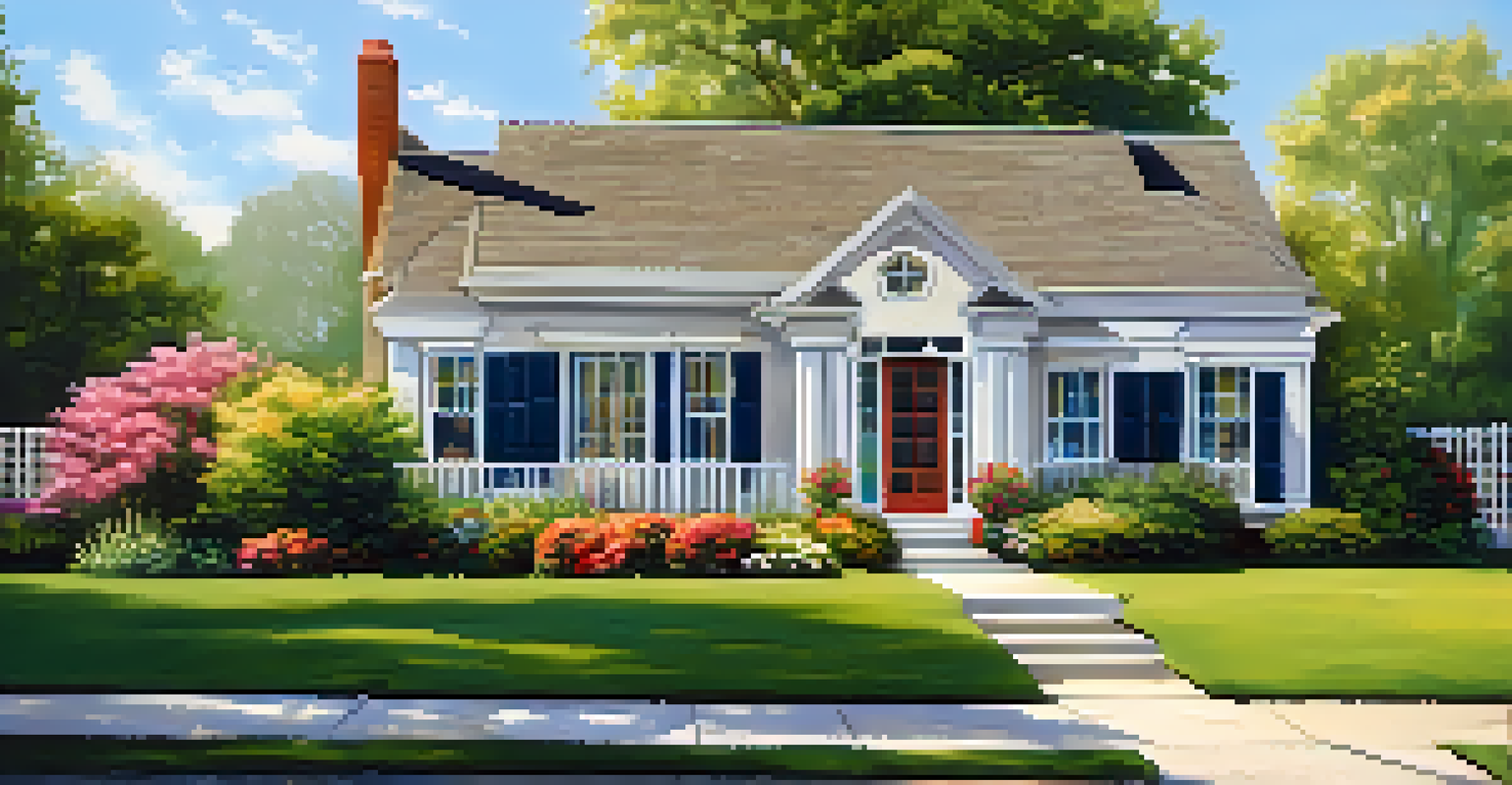 A charming house for sale with a garden and a 'For Sale' sign under a clear blue sky.