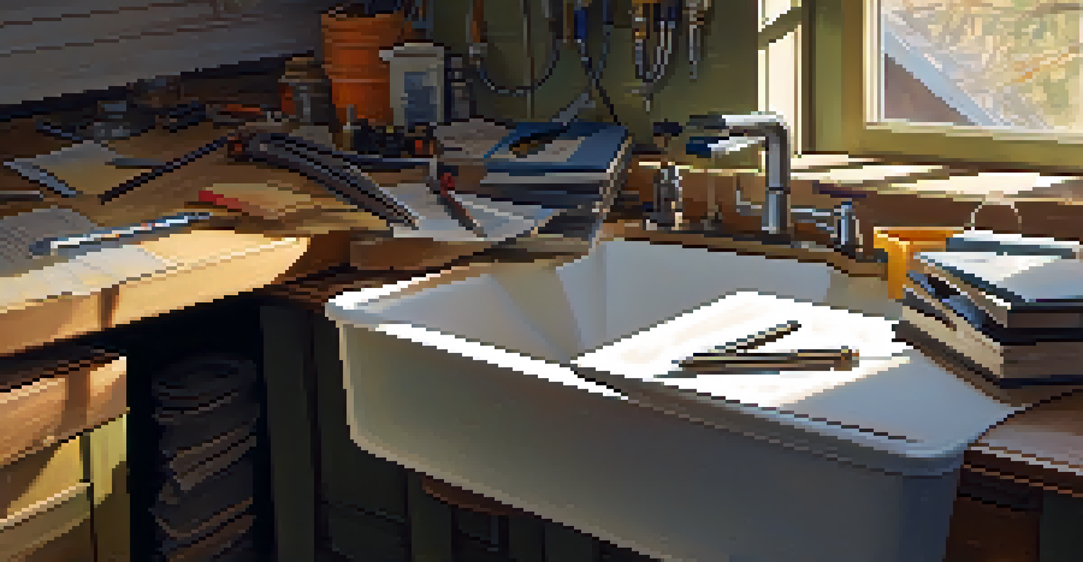 An inspector examining plumbing under a sink, with tools and a clipboard, all bathed in warm natural light.