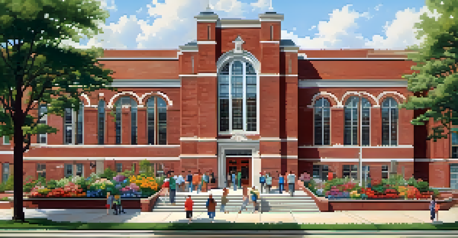 A community center in a former school building, bustling with activity and surrounded by flowers.