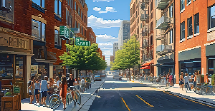 A busy city scene with modern apartment buildings and people walking in a vibrant atmosphere.