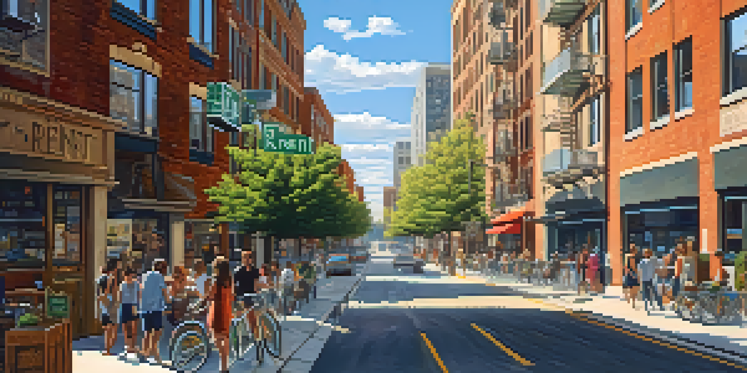 A busy city scene with modern apartment buildings and people walking in a vibrant atmosphere.