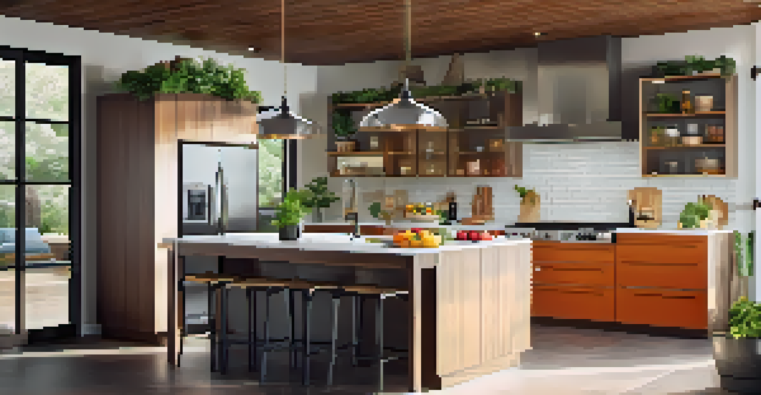 A modern kitchen featuring an island, stainless steel appliances, and fresh produce.