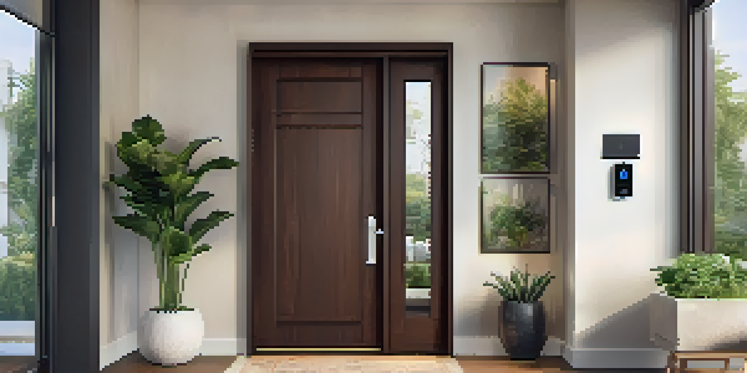 A welcoming entryway showcasing a modern smart doorbell and automated lighting, with a wooden door and potted plant.