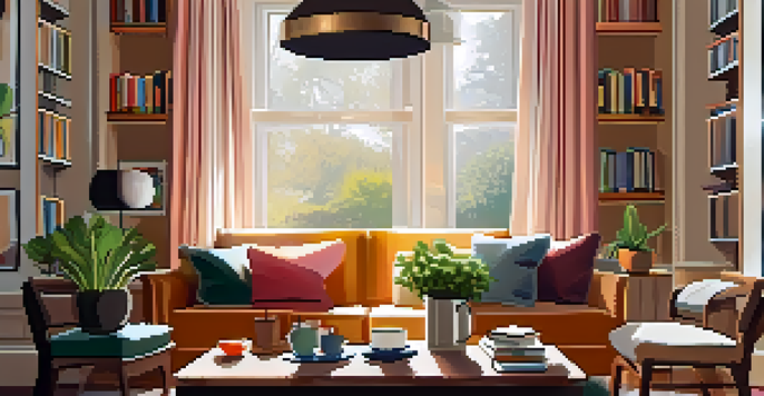 A cozy and inviting living room with a plush sofa, coffee table, and sunlight filtering through curtains.