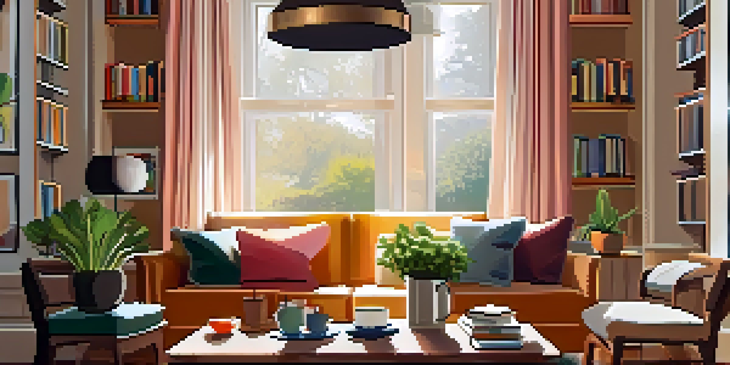 A cozy and inviting living room with a plush sofa, coffee table, and sunlight filtering through curtains.