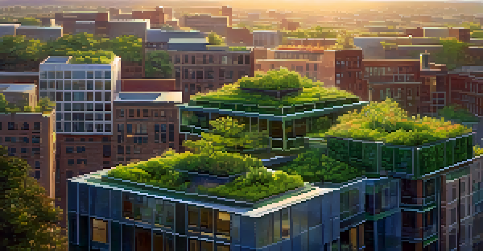 An aerial view of a city with various buildings topped with green roofs, illuminated by the warm light of the setting sun.