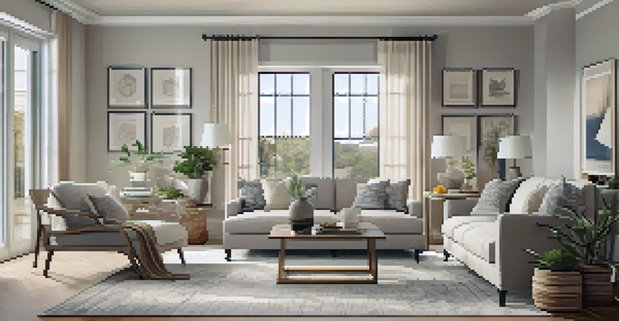 A well-staged living room with neutral colors, large windows, and inviting decor, creating a warm atmosphere.
