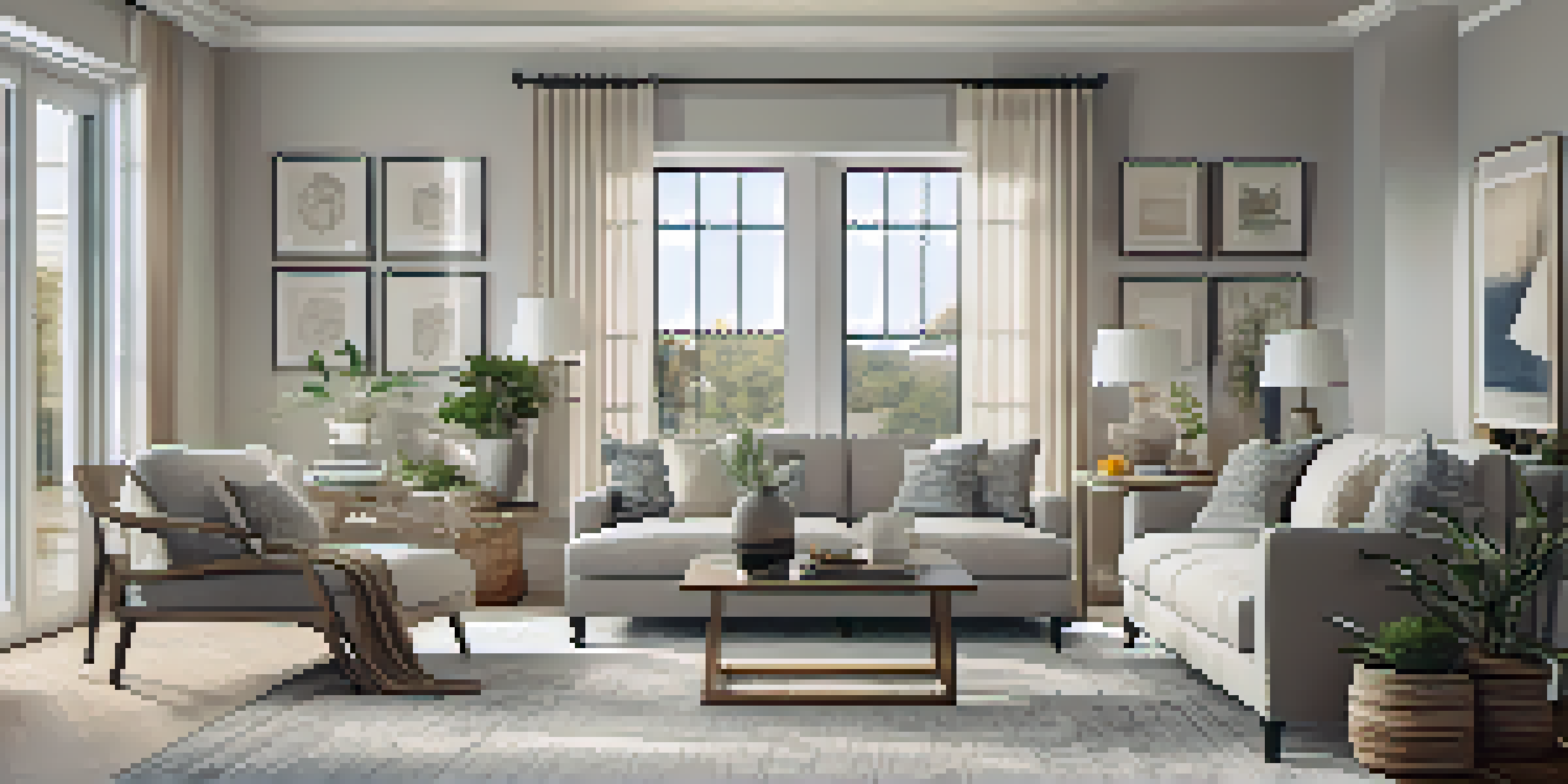 A well-staged living room with neutral colors, large windows, and inviting decor, creating a warm atmosphere.