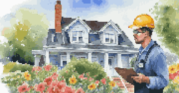 A home inspector closely examining a roof, equipped with a clipboard, wearing a hard hat and safety vest, set against a clear blue sky and a well-maintained garden.