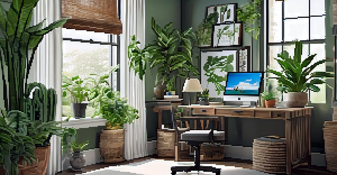 A warm home office with a reclaimed wood desk, surrounded by green plants and natural light from large windows.