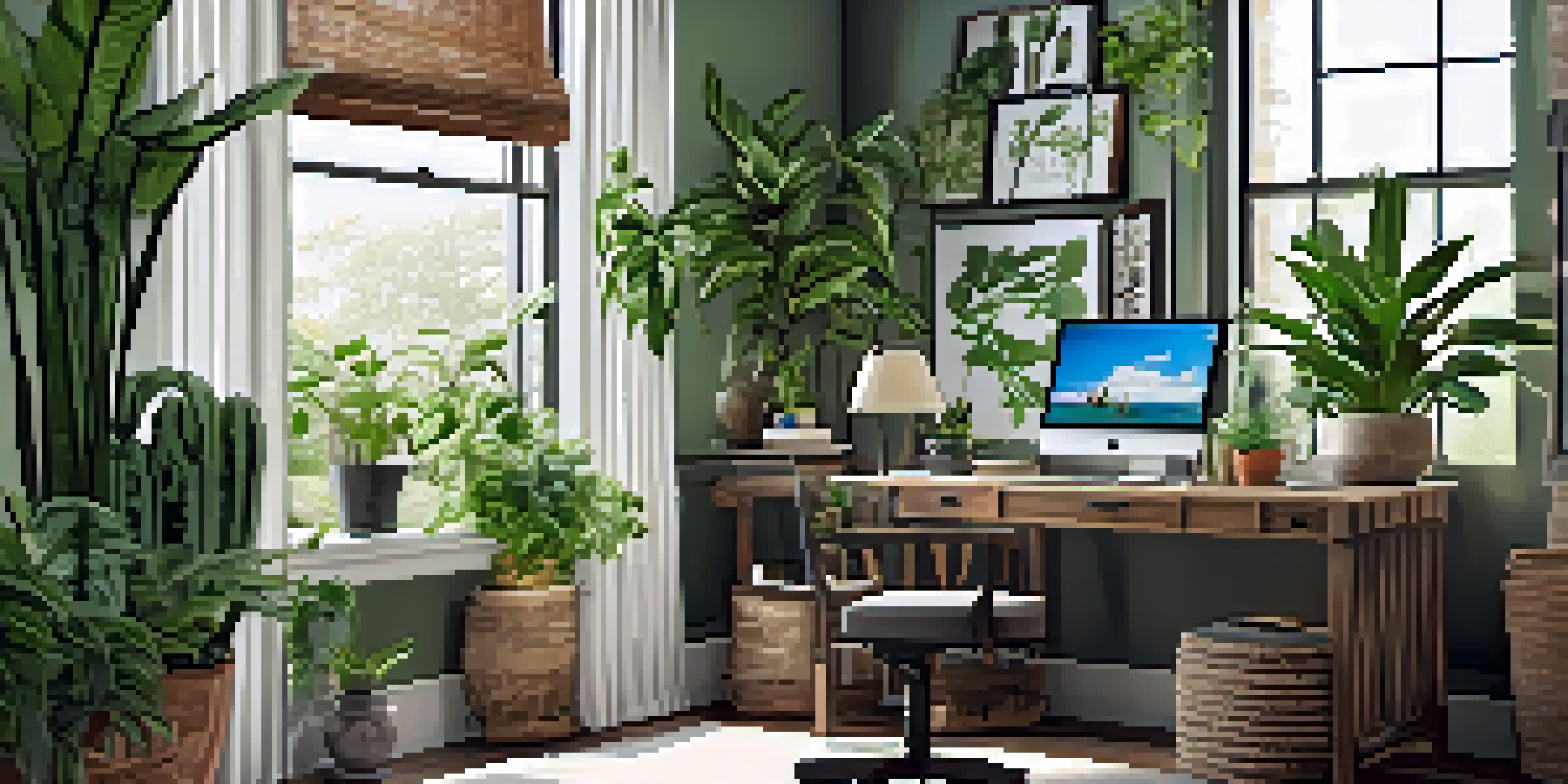 A warm home office with a reclaimed wood desk, surrounded by green plants and natural light from large windows.