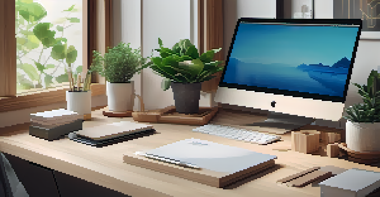 A stylish and organized workspace with a laptop, desk organizer, coffee cup, and a potted plant, emphasizing a clutter-free environment.