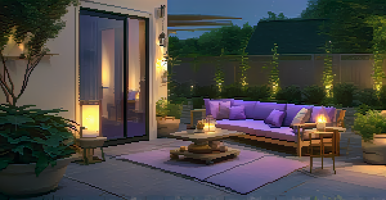 A cozy outdoor patio with smart lighting and seating, set against a colorful dusk sky.