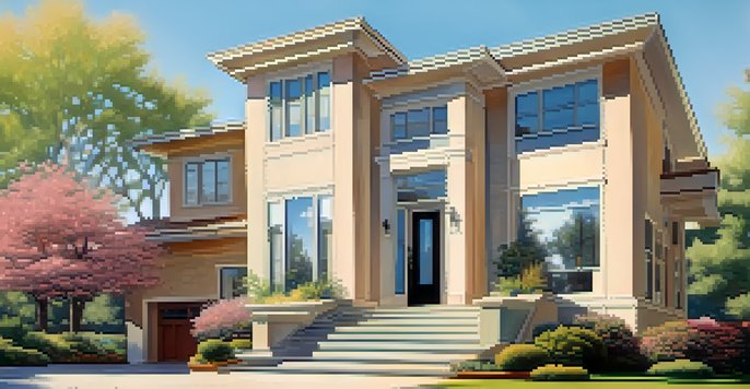 A modern multi-story home designed with accessibility in mind, showcasing wide doorways and ramps in a sunny, landscaped setting.