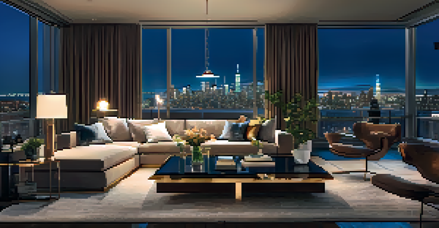 An upscale living room in a New York City high-rise with city skyline views at night, featuring contemporary decor and soft lighting.