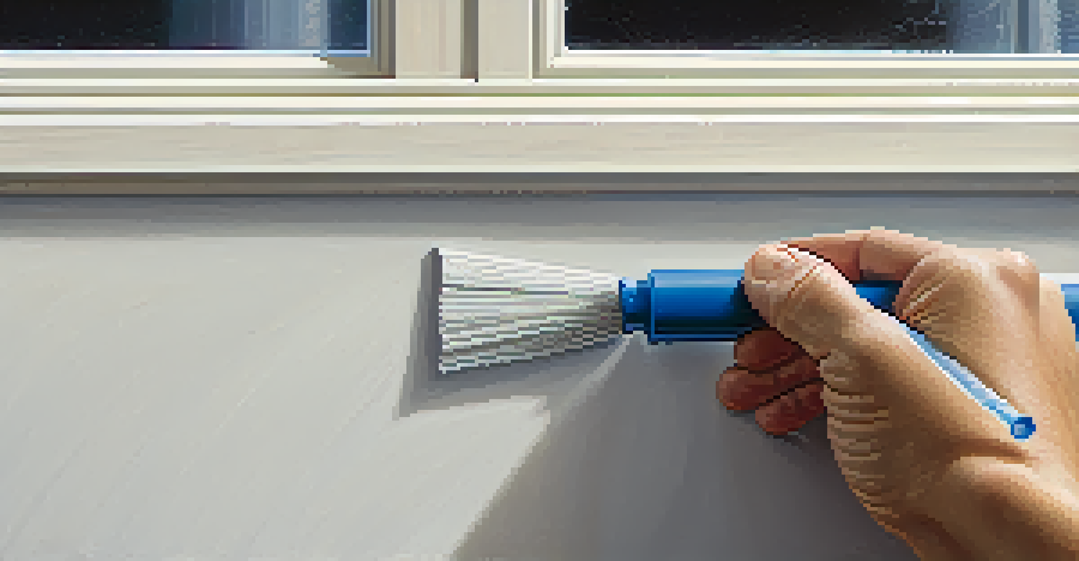 Close-up of hands applying caulk to seal air leaks around a window frame.