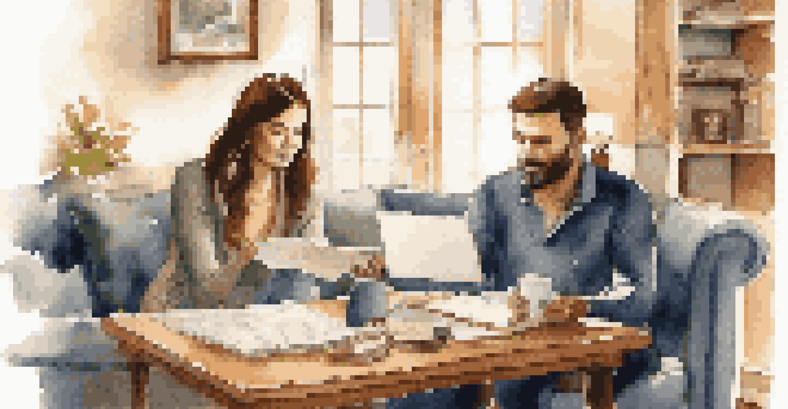 A couple discussing a real estate contract over coffee at a cozy table.