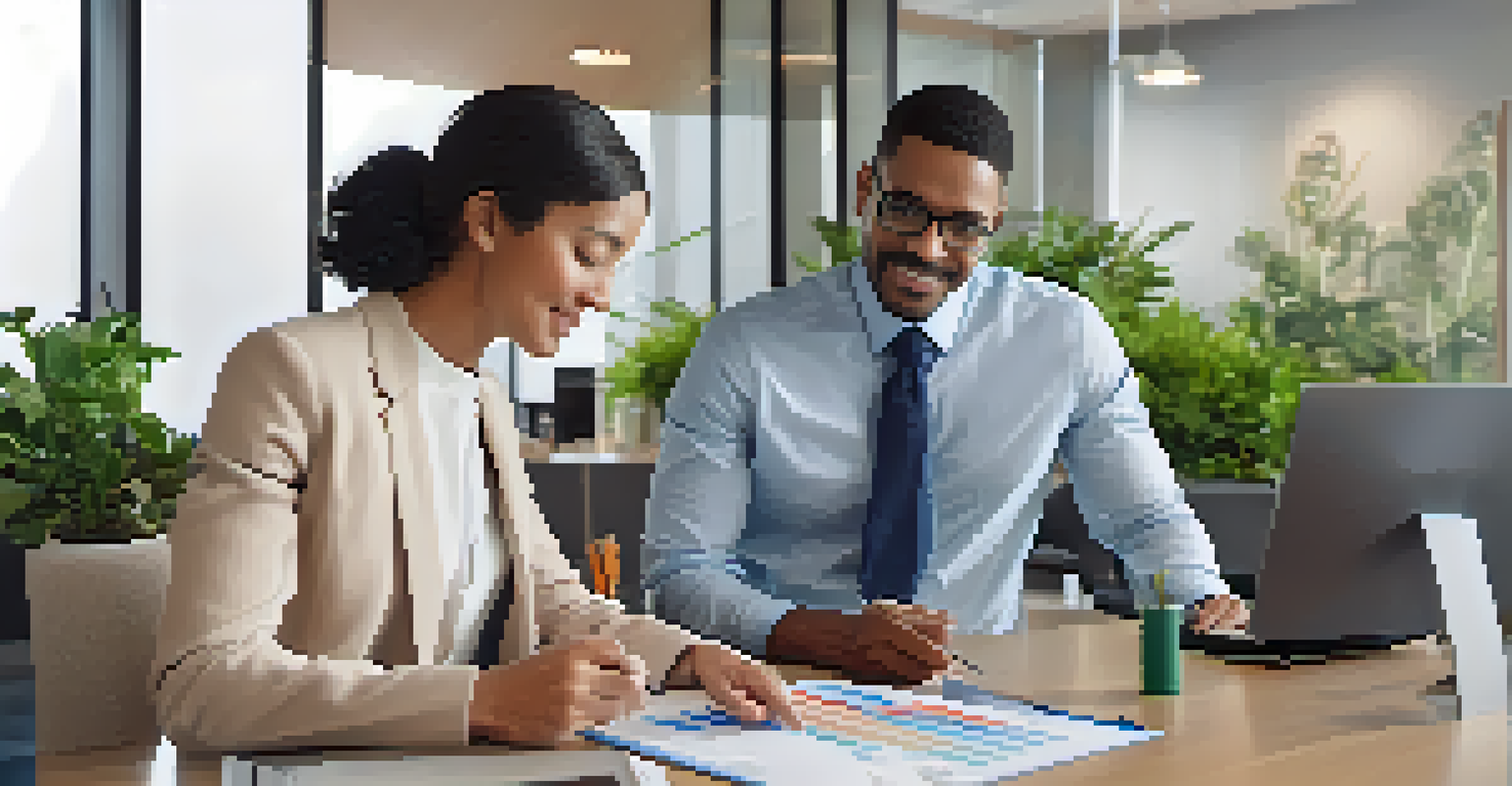 A person discussing credit score improvement strategies with a financial advisor in a professional office setting, with a chart displayed on a tablet.