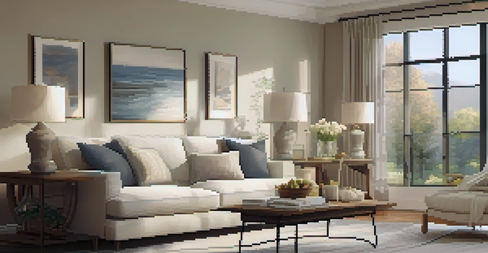A warm and inviting living room with a neutral color palette, soft lighting, comfortable furniture, and fresh flowers on the coffee table.