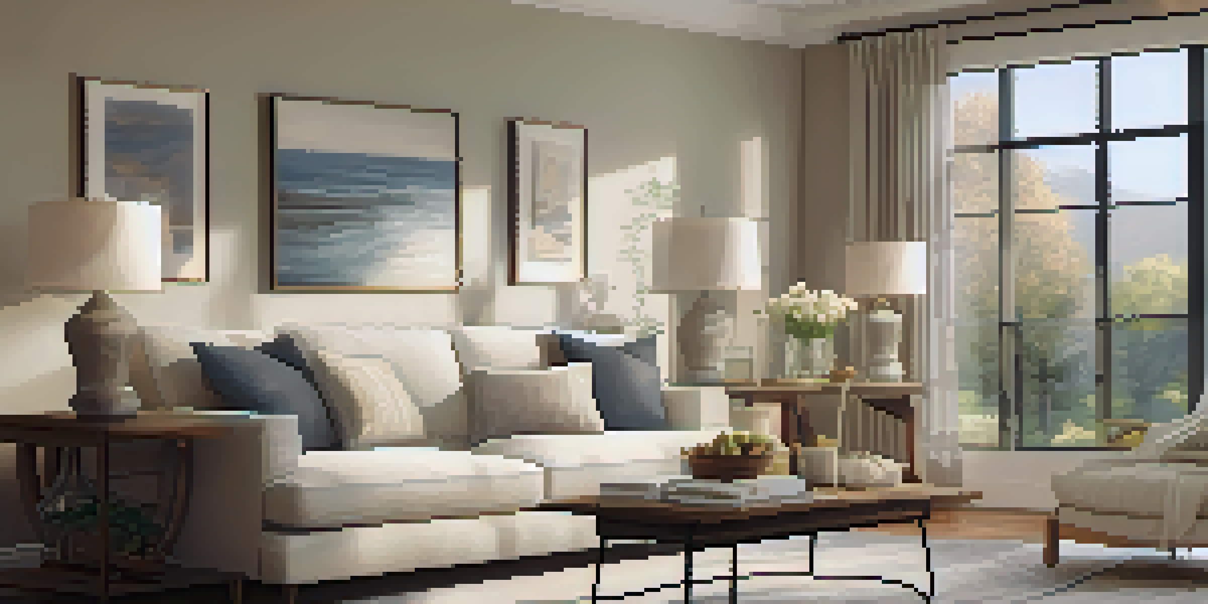 A warm and inviting living room with a neutral color palette, soft lighting, comfortable furniture, and fresh flowers on the coffee table.