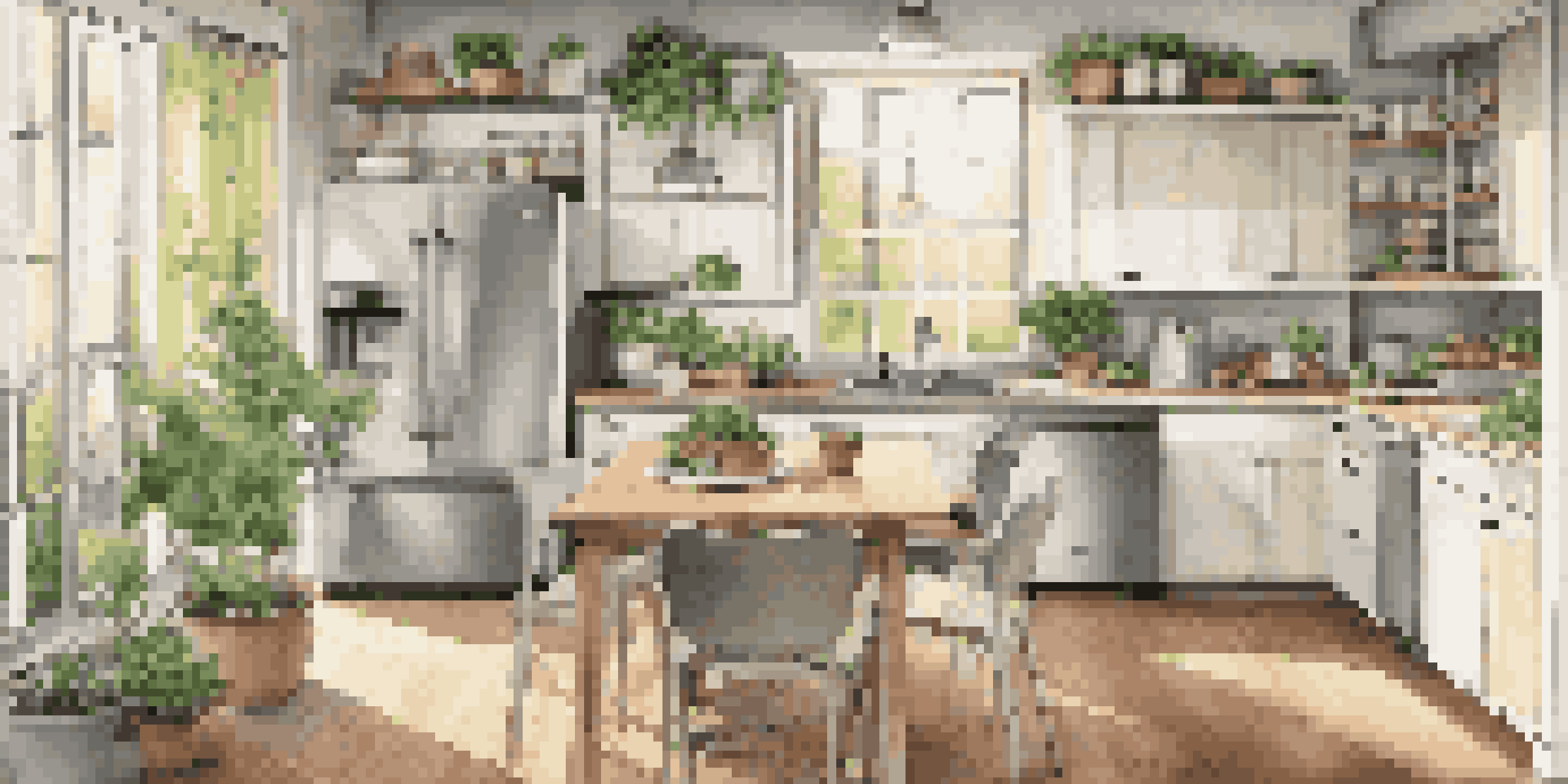 A modern kitchen showcasing energy-efficient appliances with natural light and fresh herbs in pots.