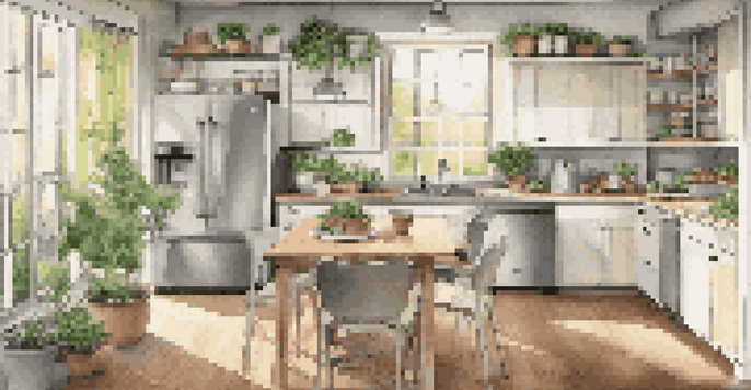 A modern kitchen showcasing energy-efficient appliances with natural light and fresh herbs in pots.