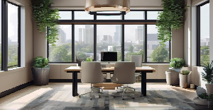 A modern real estate office with large windows, contemporary furniture, and branding materials on the wall.