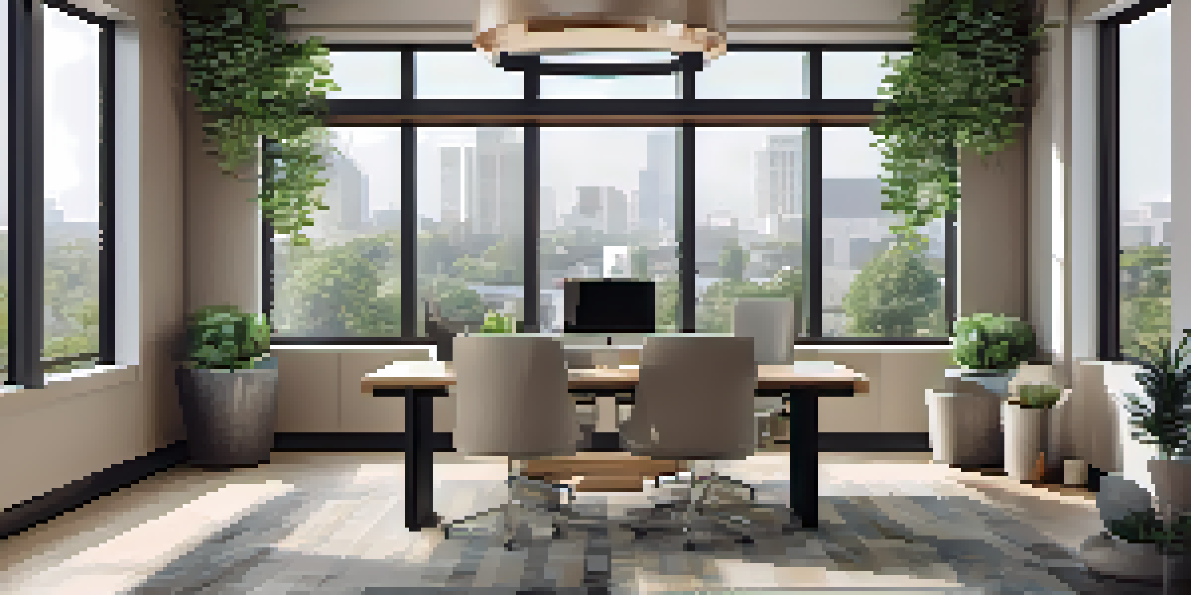 A modern real estate office with large windows, contemporary furniture, and branding materials on the wall.