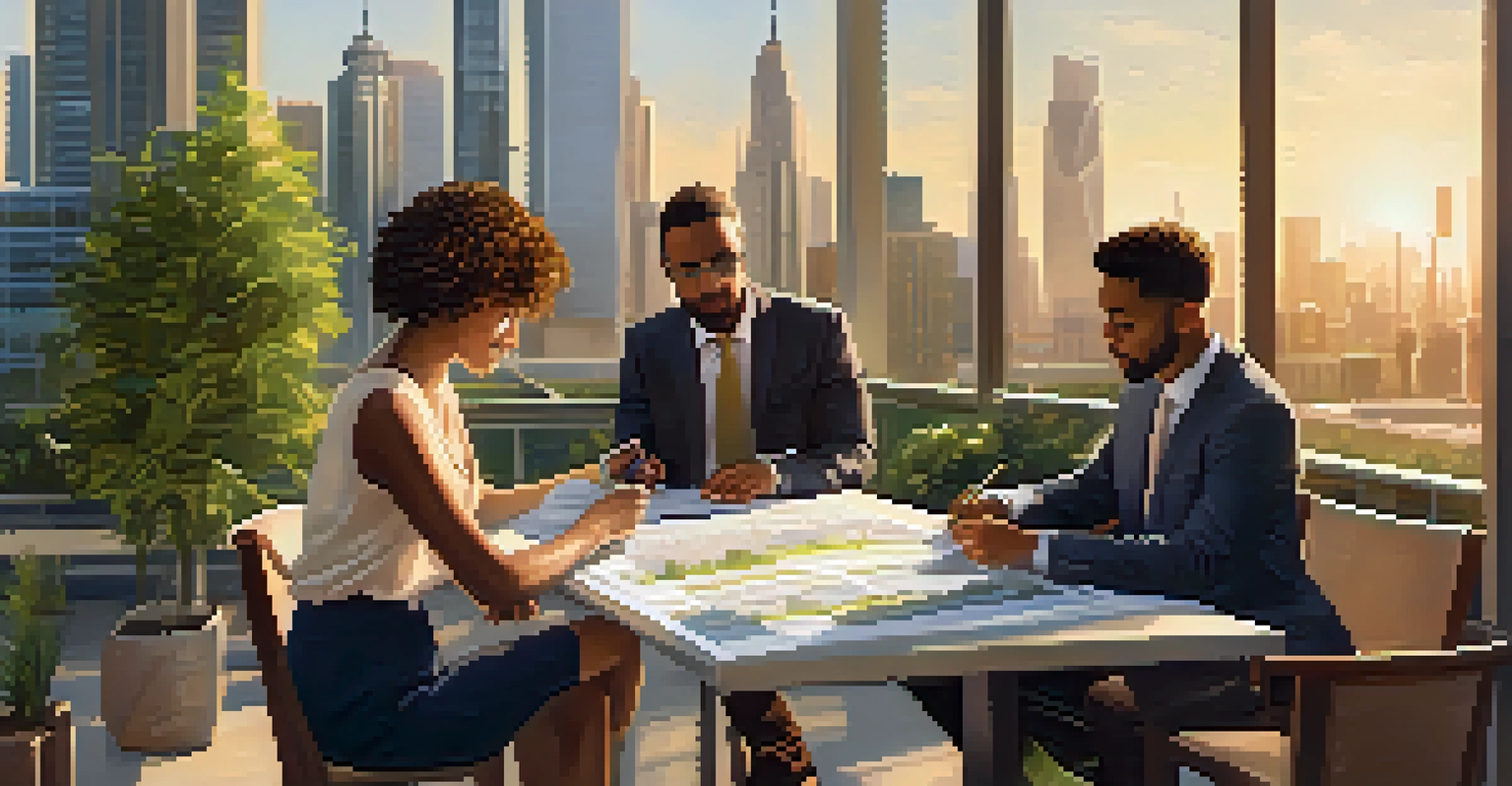 An urban landscape with modern buildings and trees, featuring people discussing real estate plans.