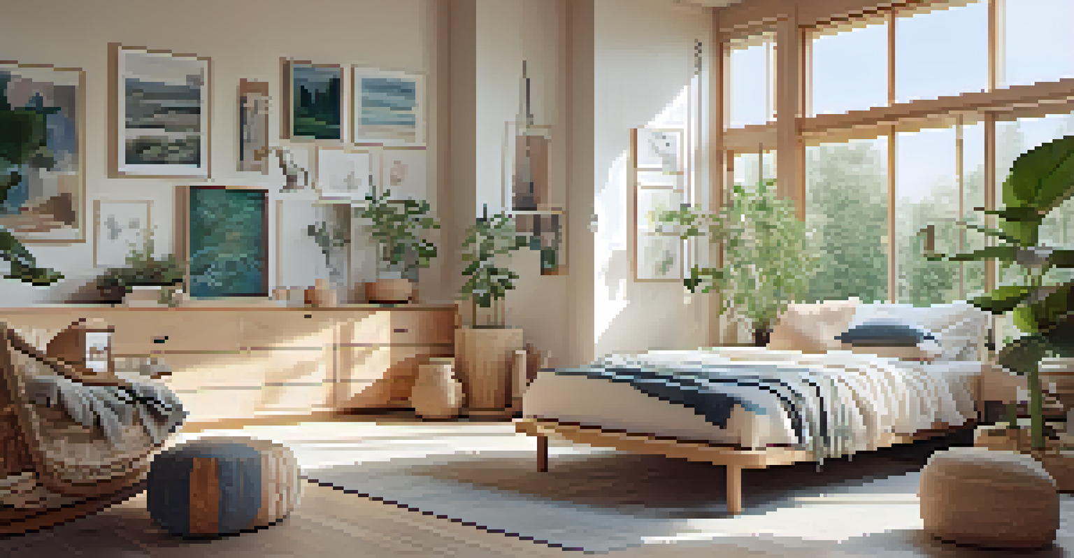 A serene bedroom with sustainable materials, organic textiles, and soft pastel colors, filled with natural light and travel souvenirs.