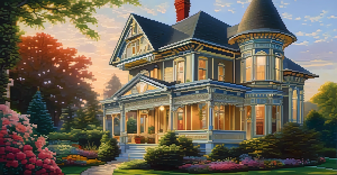 A Victorian house with intricate details, surrounded by greenery and a colorful garden, illuminated by the warm glow of a sunset.