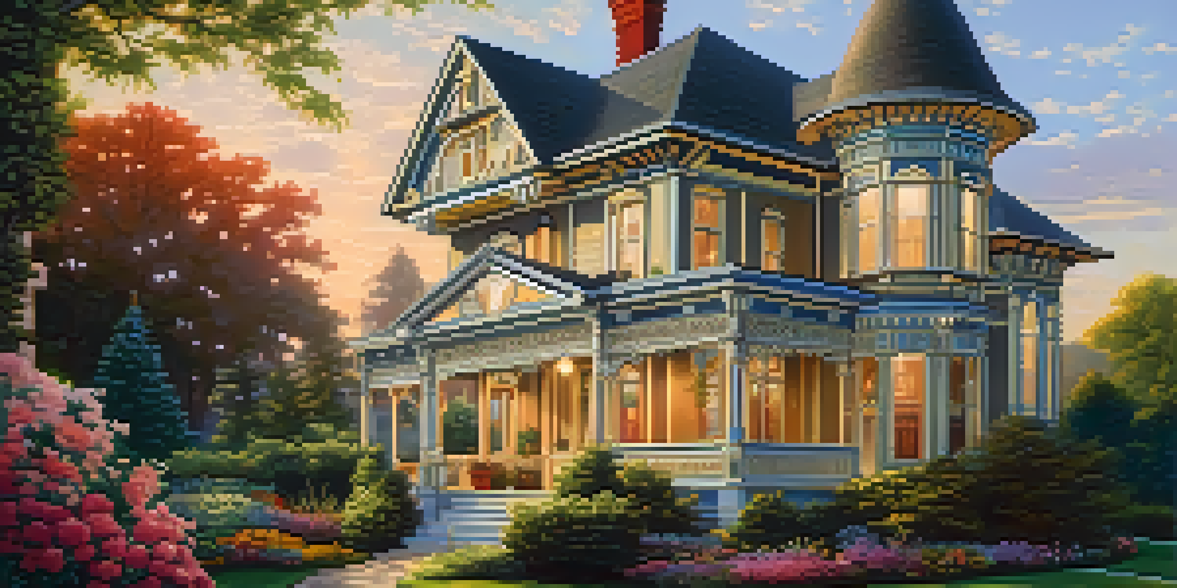 A Victorian house with intricate details, surrounded by greenery and a colorful garden, illuminated by the warm glow of a sunset.