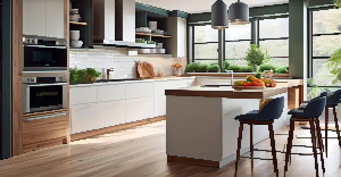 A bright and inviting modern kitchen with natural light, featuring a large island and fresh herbs on the countertop.
