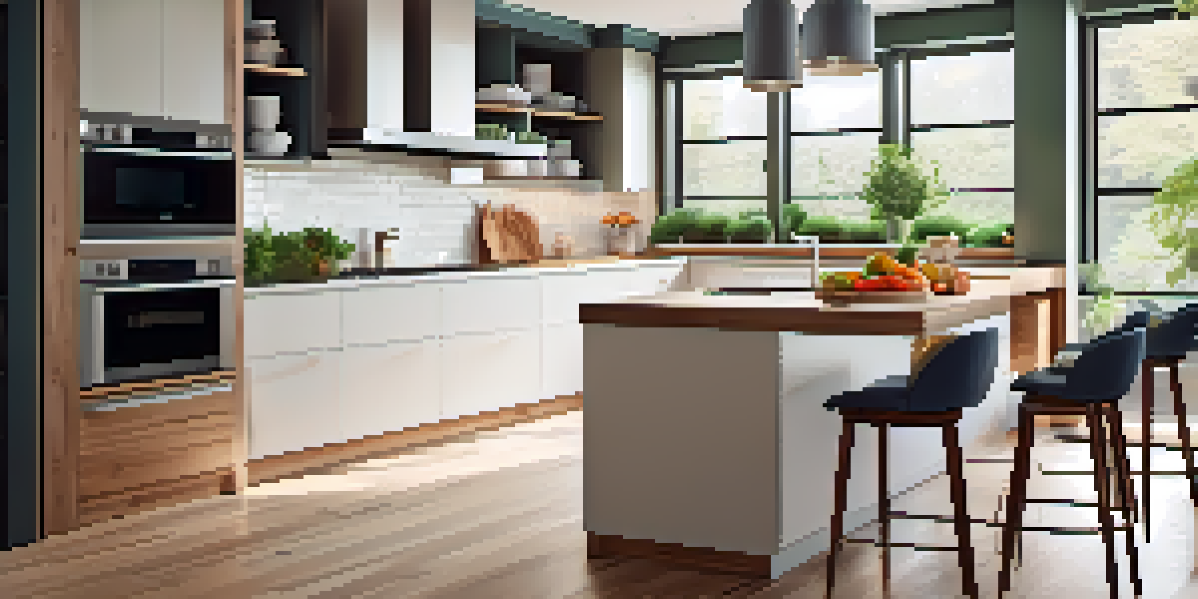 A bright and inviting modern kitchen with natural light, featuring a large island and fresh herbs on the countertop.