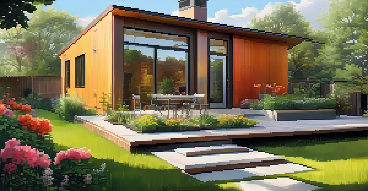 A charming urban house with a thermal energy storage system in the backyard, surrounded by flowers and sunlight.