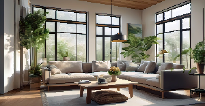 A bright living room with large windows, green plants, and comfortable furniture, designed to promote wellness.
