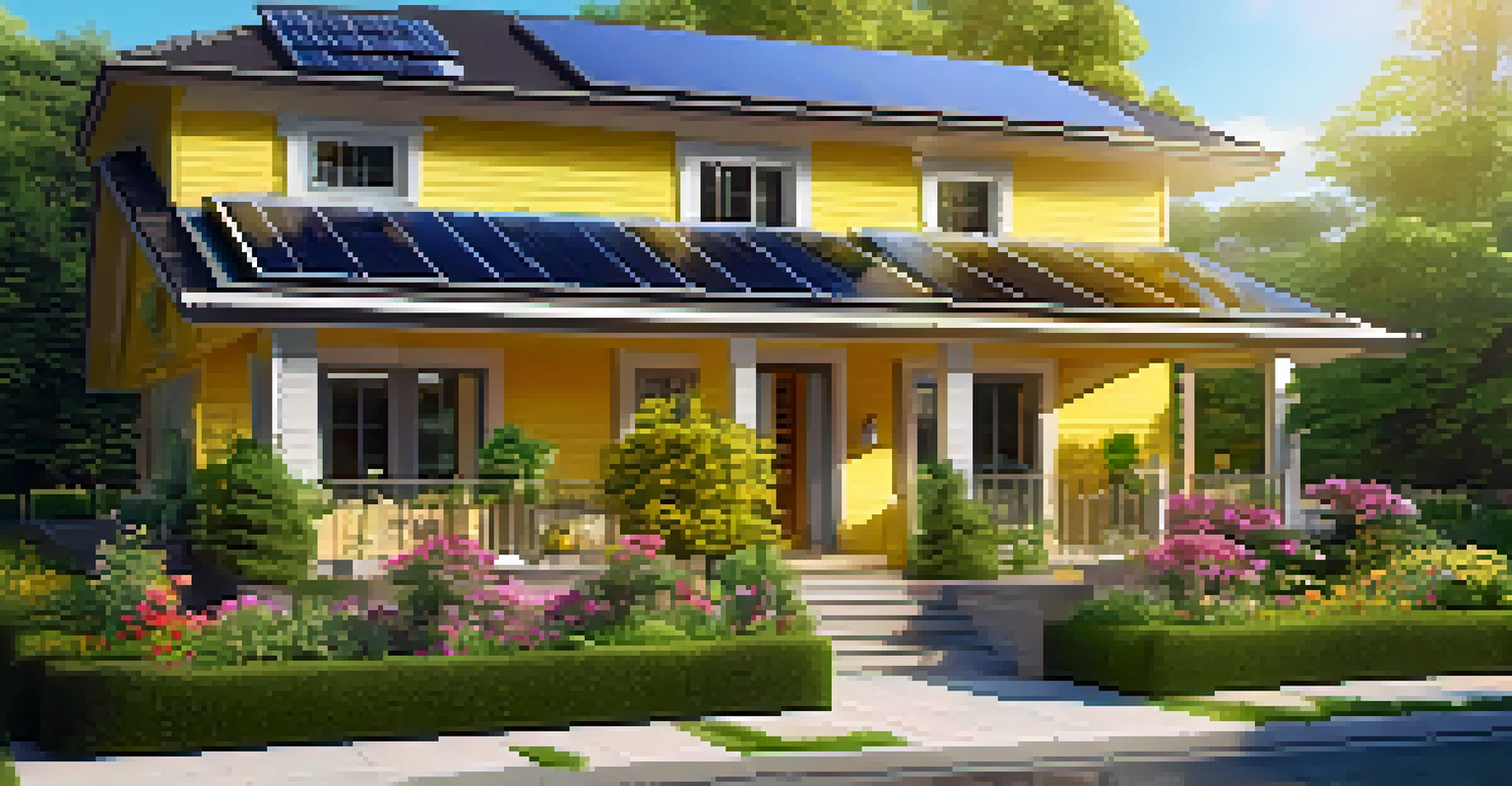 A house with solar panels and smart blinds surrounded by a colorful garden.